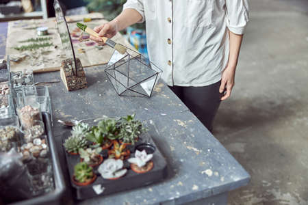 caucasian confident happy florist is working with composition made from glass stones and plants in...