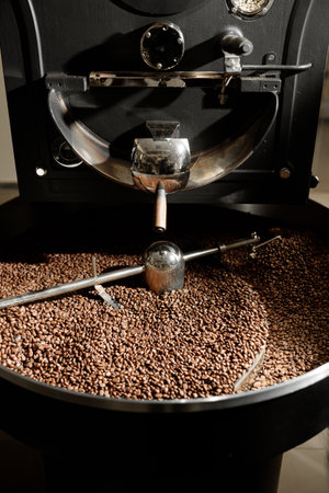 Coffee processing. Roastery, roasting machine and fresh beans