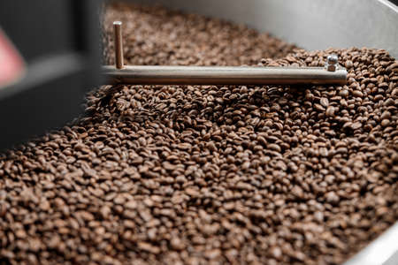 Coffee processing. Roastery, roasting machine and fresh beans