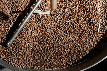 Coffee processing. Roastery, roasting machine and fresh beans