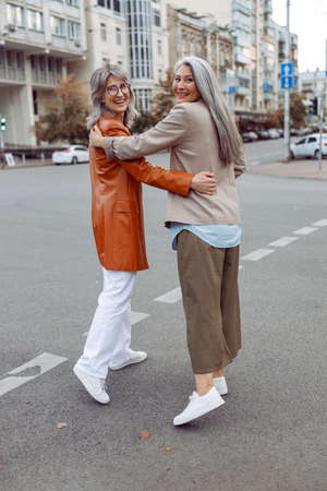 Smiling mature Asian lady and grey haired companior hug walking along city streetの写真素材
