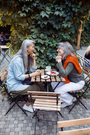 Cute happy mature women sit together on outdoors cafe terraceの写真素材