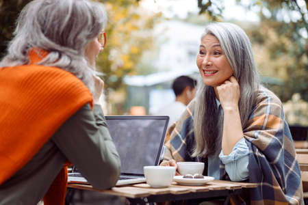 Mature Asian lady and grey haired friend with laptop sit together on outdoors cafe terrace cafeの写真素材