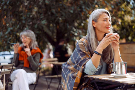 Senior cafe guests, focus on thoughtful hoary haired mature woman holding cup at tableの写真素材