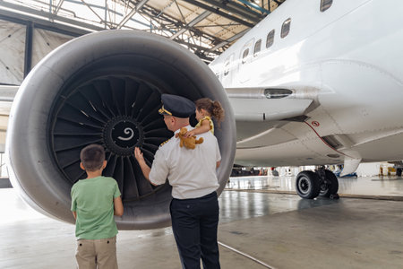 Pilot and children are standing near the turbine and looking at itの写真素材