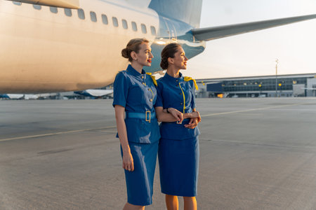 Happy stewardesses posing against the backdrop of an airplane before flightの写真素材