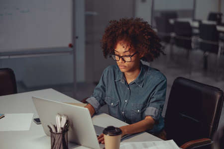 Focused young lady working with laptop in the office