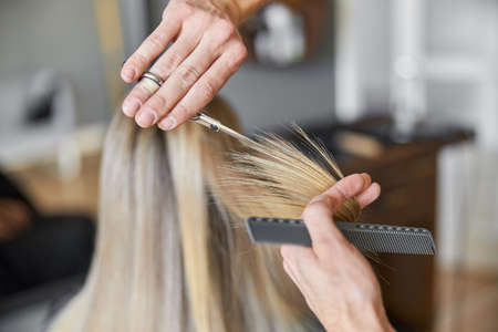 Hairdresser is choping hair of blonde woman is salonの写真素材