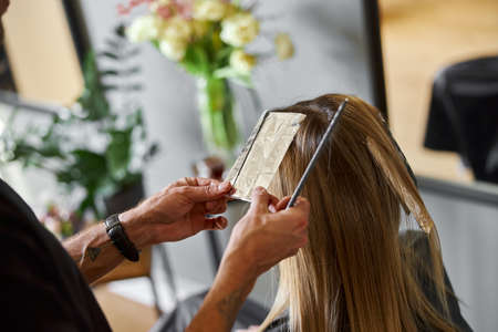Confident male stylist is dyeing hair of blond caucasian female clientの写真素材