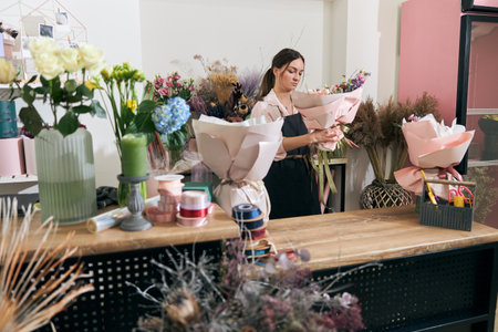 Professional florist young woman is doing bouquets at flower shopの写真素材