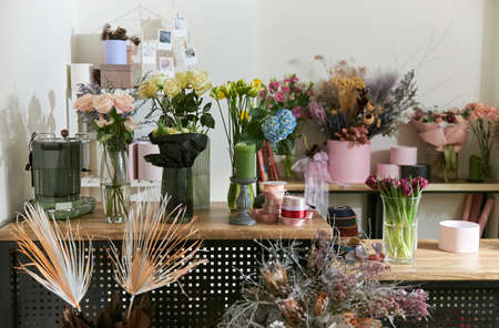 Flowers and bouquets at modern light flower shopの写真素材