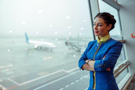 Woman stewardess looking out the window in airport terminalの写真素材