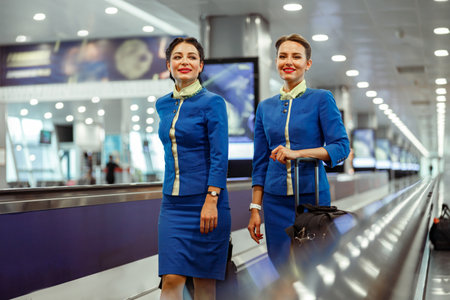 Joyful women stewardesses walking down airport terminal