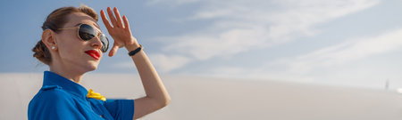 Portrait of elegant air stewardess in blue uniform and sunglasses holding hand near her head and looking far away, standing on airstair on a daytimeの写真素材