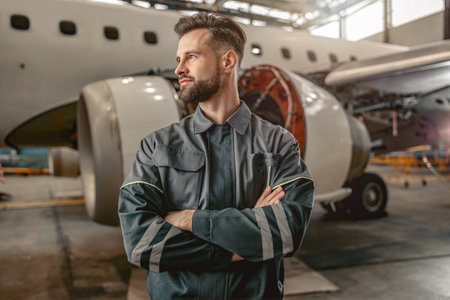 Bearded man airline mechanic standing near airplane in hangarの写真素材