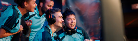 Happy gamers involved in online video game at computer clubの写真素材