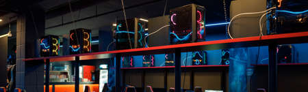 View on gaming equipment in interior of cyber club