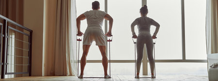 Couple during powerful training with outfit at home