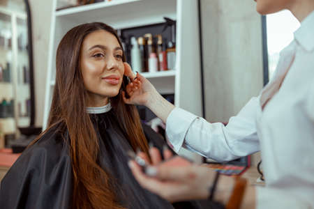 Young female customer getting blush powder on her cheek with a brushの写真素材