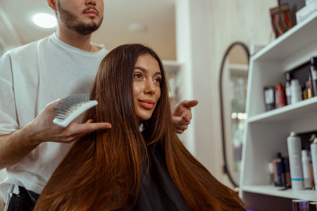 Woman looking at herself in mirror pleased with a hairstyle at beauty salonの写真素材
