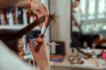 Close up of beautician hands with a comb cutting hair of womanの写真素材