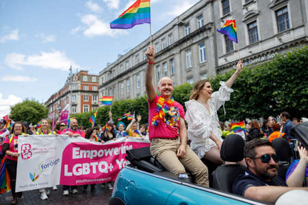 Dublin, Ireland, June 25th 2022. Ireland pride 2022 parade with people walking one one of the main city streetのeditorial素材