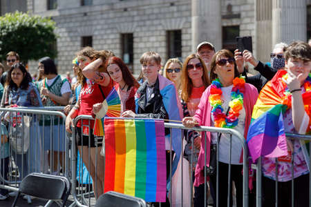 Dublin, Ireland, June 25th 2022. Ireland pride 2022 parade with people walking one one of the main city streetのeditorial素材