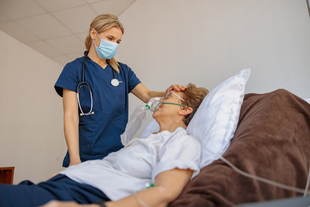 Doctor putting on a breathing mask and control temperature on a female patient