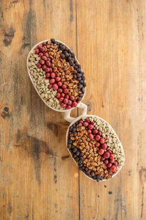 Close up of coffee beans of different processing processes