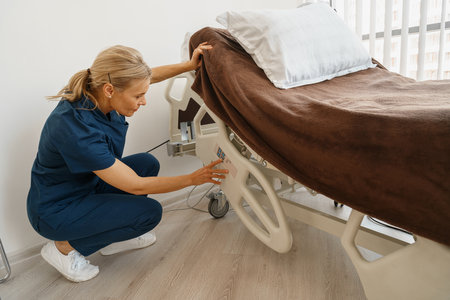 Medical nurse preparing hospital ward bed with pillow and blanket for comfort of sick personの写真素材