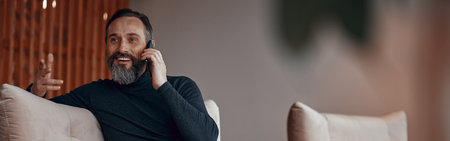 Smiling bearded man sitting in armchair and chatting on phoneの写真素材