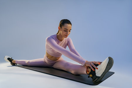 Sporty woman doing stretching exercises on yoga mat on studio background. Healthy lifestyle