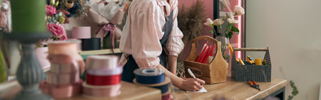 Professional florist young woman is doing bouquets at flower shopの写真素材
