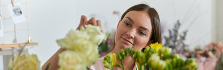 Professional florist young woman is doing bouquets at flower shopの写真素材