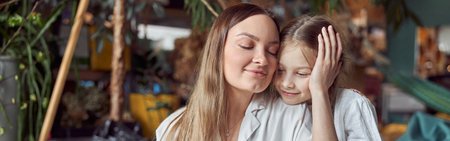 Happy caucasian mother with young beautiful cheerful daughter are having time togetherの写真素材