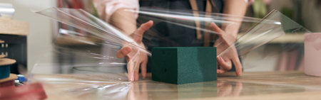 Professional florist young woman is doing bouquets at flower shopの写真素材