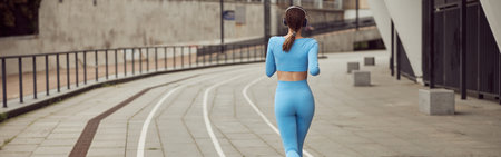 Beautiful fit caucasian woman is doing exercises outdoors at the cityの写真素材