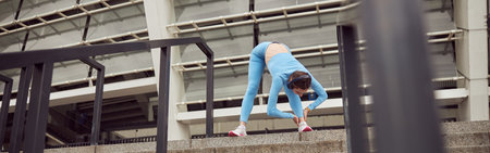 Beautiful fit caucasian woman is doing exercises outdoors at the city