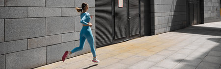 Beautiful fit young woman jogger is running outdoorsの写真素材