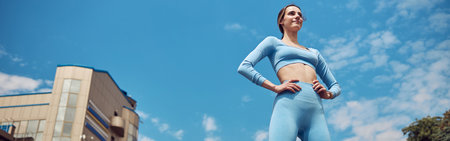 Beautiful fit young woman jogger is running outdoorsの写真素材