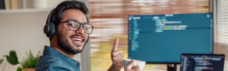 Male freelancer making new project as web designer or programmer on his computer at home office