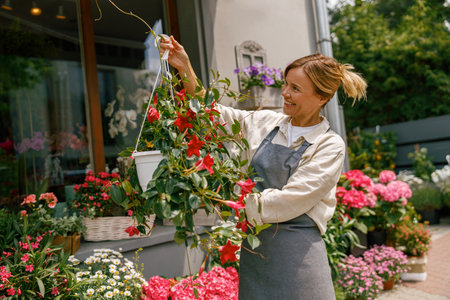 Female florist wearing apron taking care of houseplant in flower shop. Plant care conceptの写真素材