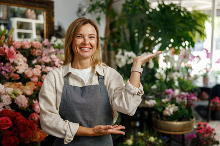 Smiling woman florist small business owner standing in own floral store and waiting for clientの写真素材