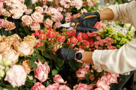 Close up of florist composing bouquet while standing near workplace with tools in flower shopの写真素材