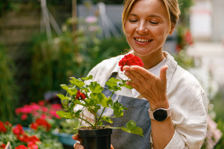 Smiling female florist wearing apron taking care of houseplant in flower shop. Plant care conceptの写真素材