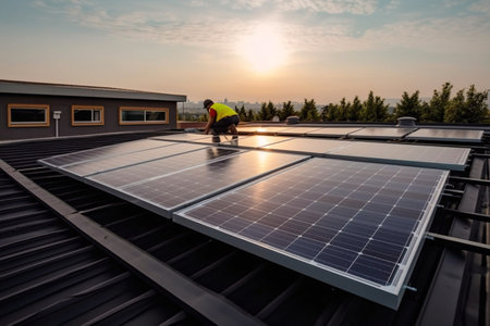 Technician engineer worker is installing solar panels on the house roof. AI generativeの素材