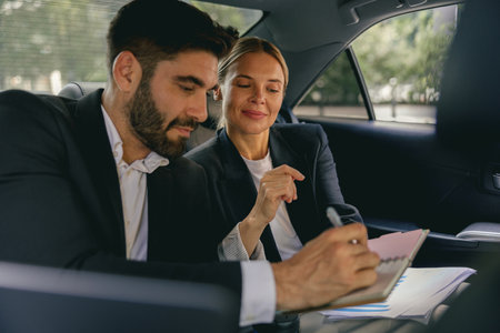 Successful business couple working together with documents in back seat of carの写真素材