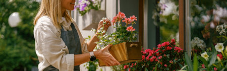 Close up of florist wearing apron taking care of houseplant in flower shop. Plant care concept