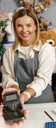 Customer paying for order in a flower shop using her smartphoneの写真素材