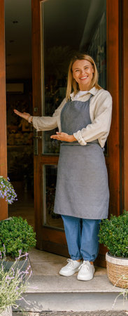 Smiling woman florist small business owner standing in own floral store and waiting for clientの写真素材